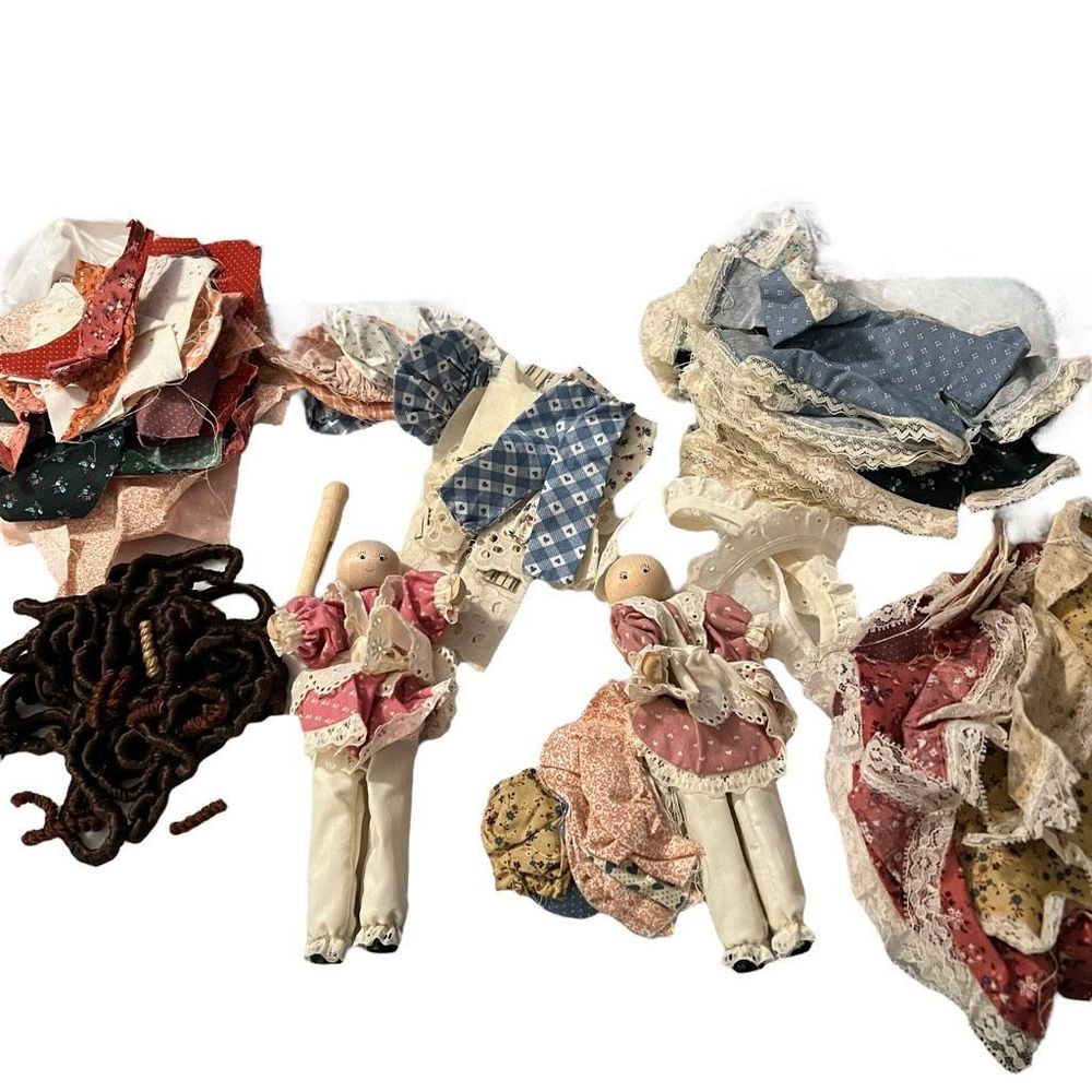 Clothes Pin Doll Making Supplies Fabric‎ Shirts Pants Hair Partially Complete